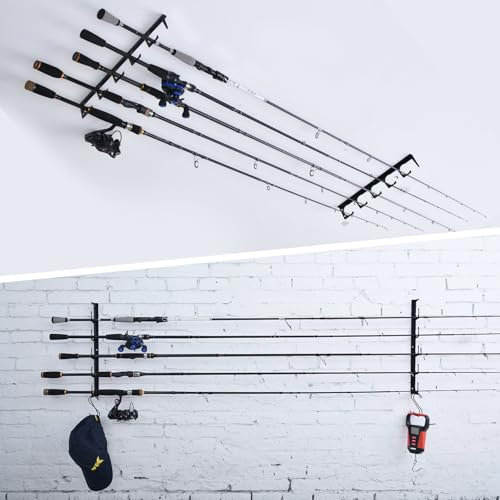 Goture Angelruten Rutenhalter mit 4 S-förmigen Haken, zur Aufbewahrung von 5 Angelruten oder Combos, horizontaler Angelrutenhalter, schwarze Angelrutenaufbewahrung, Angelrutenhalter für die Garage