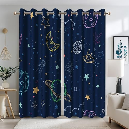 Ttincceer Marineblaue Verdunkelungsvorhänge, Cartoon, Sterne, Planeten, Galaxie, für Kinderzimmer, Weltraumvorhänge mit Ösen, Dekovorhang