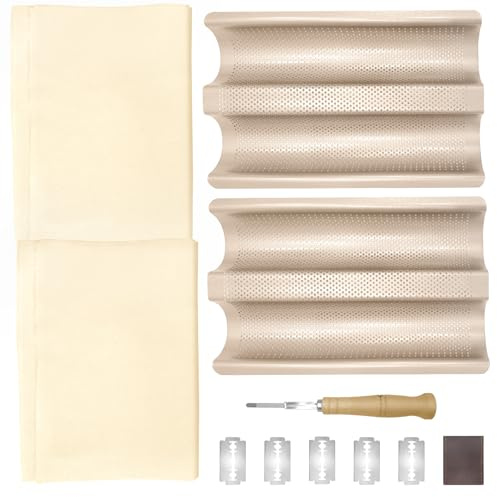 GLSJA Paquete de 2 moldes para pan de baguette, 2 panes, de acero al carbono, perforado, con paño de prueba, kit de cortador de masa para panadero casero, utensilios antiadherentes para baguettes
