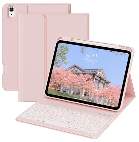 Case with Keyboard for iPad (A16) 11th/10th Generation (11/10.9 Inch) | - 7 Colors Backlit Wireless Detachable Folio Keyboard Cover with Pencil Holder for iPad 11th/10th Gen 2025/2022, Pink