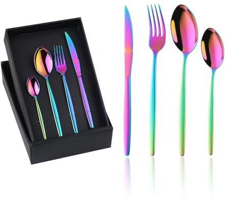 MMRTDJDR Ensemble de Couverts en Acier Inoxydable 16 pièces Ensemble de Couverts avec boîte à Cadeau Arc-en-Ciel Service de Couleur pour 4 Comprend 4 fourches 4 Couteaux de dîner 4 cuillères à