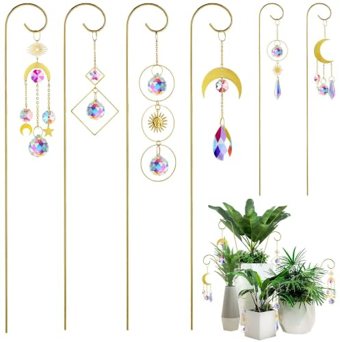 HDCRYSTALGIFTS Lot de 6 attrape-soleil dorés en métal de 20,3 cm pour plantes en pot d'intérieur avec cristaux colorés à suspendre pour décoration de maison, fenêtre, jardin