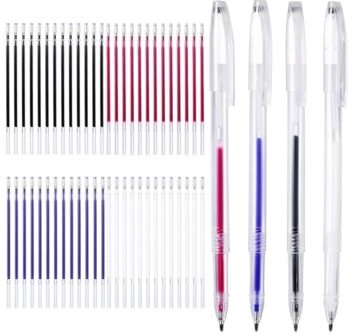 Bewudy 56 Stück Hitze Löschbare Stifte, 4 Farben Stoffmarkierstift mit 52 Nachfüllungen Austauschbare Stoffmarkierungsstifte Wärmeradierbare Stifte für Quilten Nähen Stoffe Markieren Werkzeuge