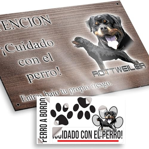Perro Rottweiler Cartel Cuidado Perro Peligroso 20x12,5cm - Diseño Madera Marrón Dibond con Pegatina Coche 20x5cm