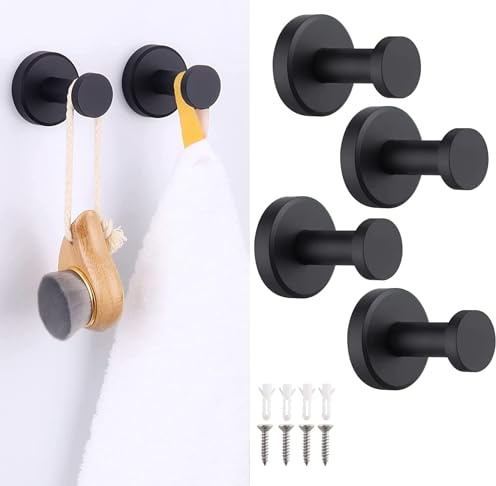 DINGFENG Kleiderhaken Wand Schwarz 4er Set Edelstahl Matt -Wandhaken Zum Schrauben, Schwerlast Haken für Bad & Flur | Garderobenhaken Rostfrei | Handtuchhalter Küche | Max. 20kg