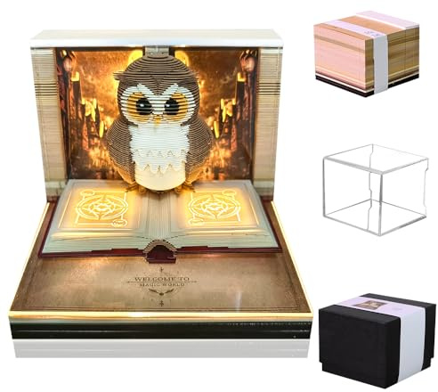 KBIBCK Calendrier de bureau avec lumières, calendrier 3D, à déchirer, bloc-notes 3D, papier mémo 3D, sculpture créative en papier 3D, décoration de bureau, cadeaux pour Noël (chouette)