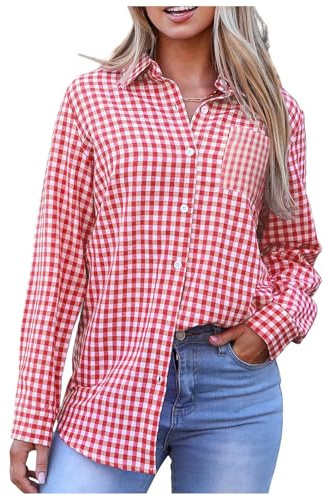 Camicetta tradizionale da donna a quadretti, colore rosso e bianco, in cotone e lino, per Oktoberfest, taglie grandi, camicia tradizionale bavarese, con bottoni, tunica, S