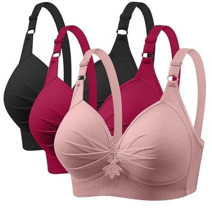 3 Pack Bras for Women Sexy Deep V and Coverage Comfy Ladies Bras Sexy Floral Lace Comfit Padded Support Bralettes Plus Size Wireless Seamless Front Open Bra Push Up Lace Bralette Lounge Bra Red