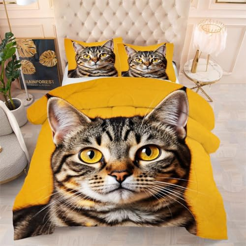ZZXHG Trapunta Morbida Stampa 3D | Gatto Grigio, Piumino Sostitutivo 4 Stagioni, Coperta Reversibile, con 2 Federe, per Camera da Letto, 135x200 cm