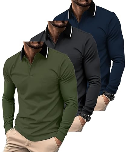 SwissWell 3er Pack Poloshirt Herren Langarm mit Brusttasche Golf Polo T-Shirt Atmungsaktives Leichtes Polohemd für Business Casual