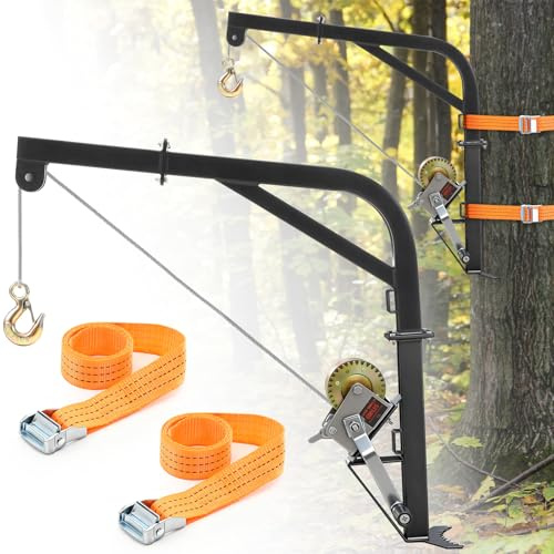 Feekoon Polipasto de ciervos montado en árbol, capacidad de carga de 600 libras, gancho de caza resistente con cabrestante de mano y cable de acero para pelar, limpiar, colgar alimentación y vestirse
