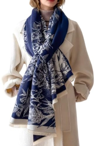 WaJuemy Winter Scarf for Women Dressy Evening Pashmina Shawl Wraps Open Front Poncho Blanket Fashion Travel Shawls Cape Wrap (12 Navy Butterfly)