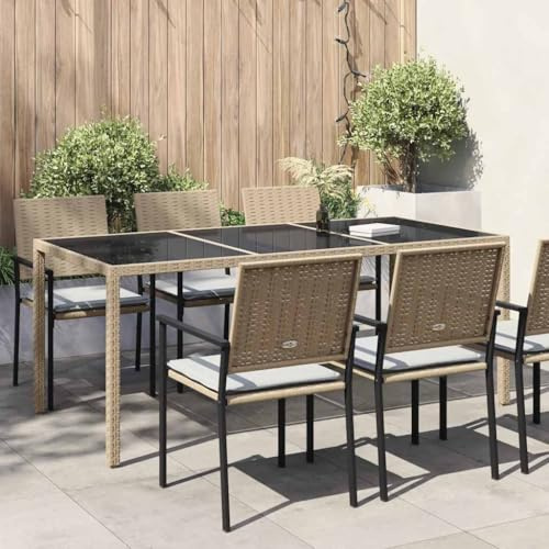 zylophax Gartentisch Beige 190x90x75 cm mit gehärtetem Glas und Poly Rattan, wetterfest, pulverbeschichteter Stahl, Balkontisch und Terrassentisch für Outdoor, Stabiler Loungetisch außen
