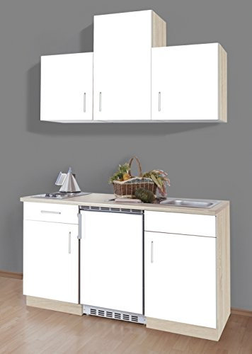 idealShopping GmbH Singelküche mit Unterbaukühlschrank und Edelstahl Spüle Sonea 150 cm breit in weiß