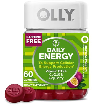 OLLY Daily Energy Gummy, Caffeine Free, Vitamin B12, CoQ10, Goji Berry, Adult Chewable Supplement, Tropical Flavor - 60 Count