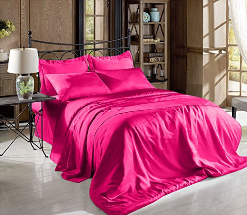 Comfy Deal Hight Thread Count Solid Color Soft Silky Charmeuse Satin Luxury and Super Soft Bed Sheet Set (Hot Pink, Queen)