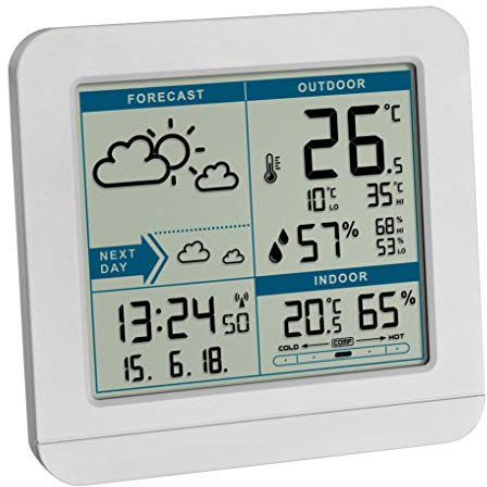 TFA Dostmann SKY Funk-Wetterstation, 35.1152.02,Wetterstation Funk mit Außensensor, Wettervorhersage, Funkuhr, innen und Außen, L 123 x B 52 x H 117 mm