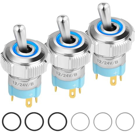 Linkstyle 3Pcs LED Toggle Switch, 12V 20A Waterproof SPST ON/OFF Round Lighted Rocker Toggle Switch with Blue Light for Car Marine RV
