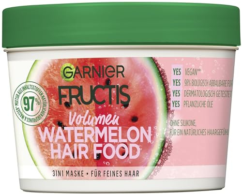 Garnier Haarmaske, Watermelon, Hairfood feuchtigkeitsspendende 3in1 Maske, entwirrt feines Haar sanft, schenkt unvergleichlichen Glanz, Fructis, 390 ml