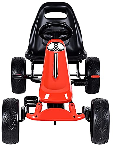FFlyer Pedal Go Kart for Kids, 4 Wheel Ride On Car, Off Road Racing Style Pedal Car w/2-Position Adjustable Seat, Handbrake & Clutch, EVA Rubber Wheels, Racer Pedal Vehicle for Boys Girls (Red)