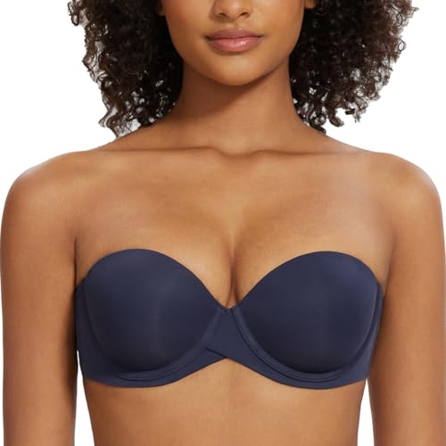 MELENECA Women's Push up Strapless Bras with Lift Stay Put Padded Cup Navy Blue 34F