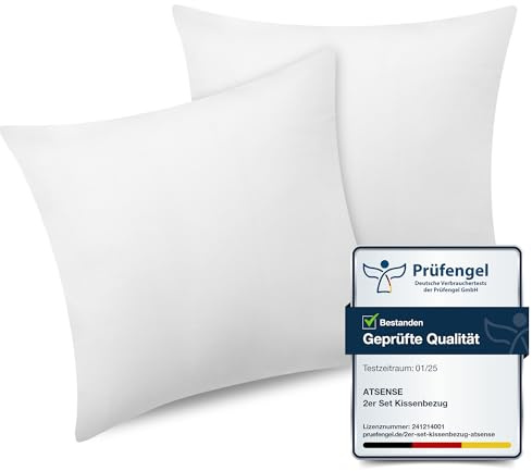 ATsense 2er Set Kissenbezug 80x80 cm - 100% Gewaschene Baumwolle, Weiß Kopfkissenbezug mit Reißverschluss, Oeko-TEX Zertifiziert Weich, Nicht Lleicht Verformbar