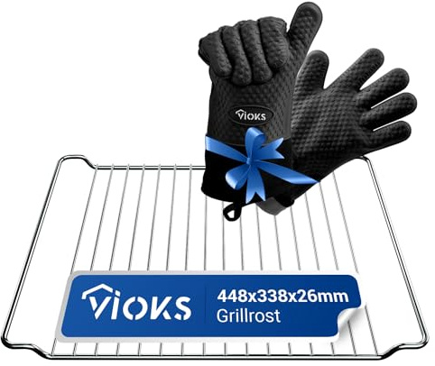VIOKS Ofengitter Backofen Grillrost Edelstahl 448x338x26mm Ersatz für Whirlpool 481245819334 mit 2x Grillhandschuhe Hitzebeständig & Ofenhandschuhe Hitzebestaendig und Backofen Gitterrost