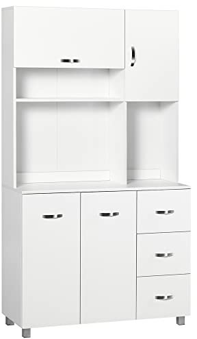 HOMCOM Küchenschrank, Hochschrank mit 4 Türschränken und 3 Schubladen, Standschrank, Aufbewahrungsschrank mit 3 offenen Fächern, Weiß, 100 x 39,5 x 183,5 cm
