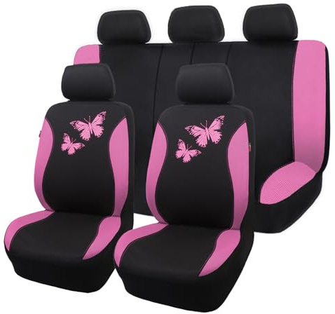 Flying Banner Autositzbezug aus atmungsaktivem Netzstoff, buntes Schmetterlingsmuster, Airbag-kompatibel (komplettes Set, Rosa)