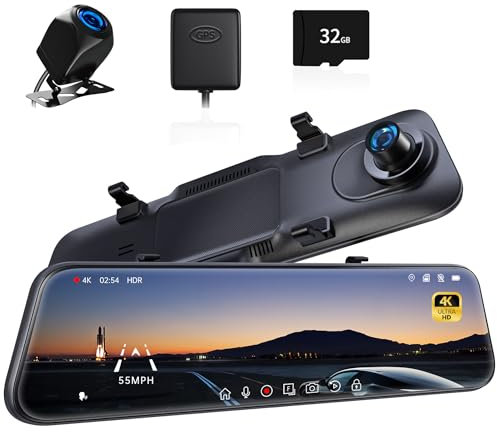 Pelsee P12 Pro 4K Mirror Dash Cam, 12'' Rear View Mirror Camera Smart Driving Assistant w/ADAS and BSD,2160P Front and Rear Camera,Voice Control,Night Vision,Parking Monitoring,Free 32GB Memory Card
