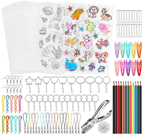 Sweelov 171 Stück Schrumpffolien Set(Mit Lochstanze), 3Gemusterte Schrumpffolie+12Blank A4 Schrumpffolie zum Basteln, Transparent Deko Folie Schrumpfen Kunststoff für Markieren kreativer DIY Handwerk