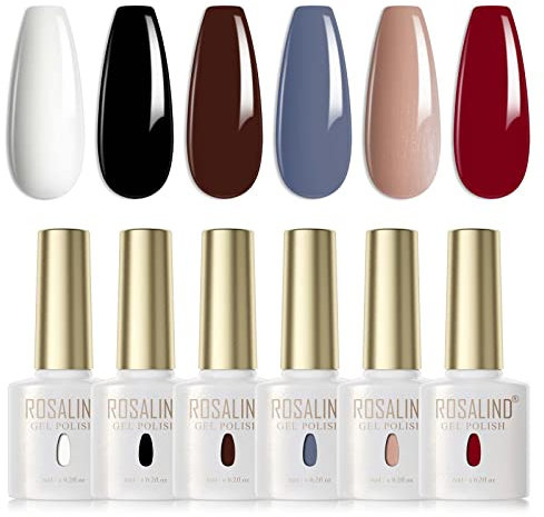 ROSALIND Vernis Semi Permanent Blanc Noir Marron Gris Nude Rouge 6 Couleurs Vernis à Ongles Gels Semi-permanents UV LED Soak Off Gel Nail Polish French Manucure