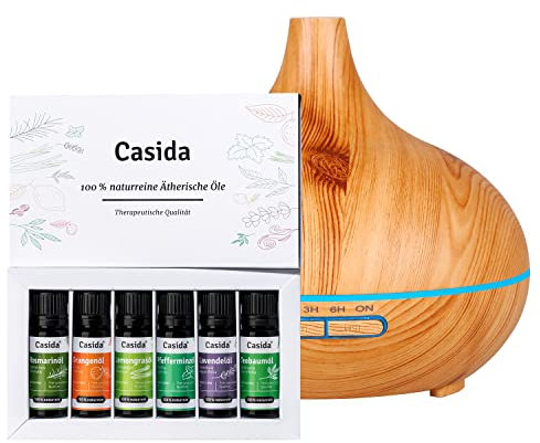 Aroma Diffuser Holzdesign mit Top 6 Set naturreine, ätherische Öle - Aromadiffuser - 300 ml - leise Ultraschalltechnologie - Luftbefeuchter - LED Beleuchtung