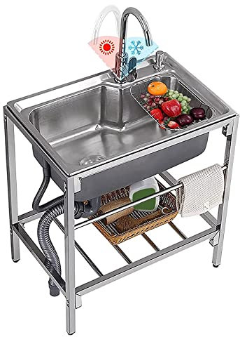 Edelstahl Küchenspüle 1 Becken mit Wasserhahn und Abflussrohr, Freistehend Mobiles Spültisch, Einzelbecken Küche Outdoor Spüle Kommerzielle Gastronomie Spüle Standwaschbecken Mobile Spüle