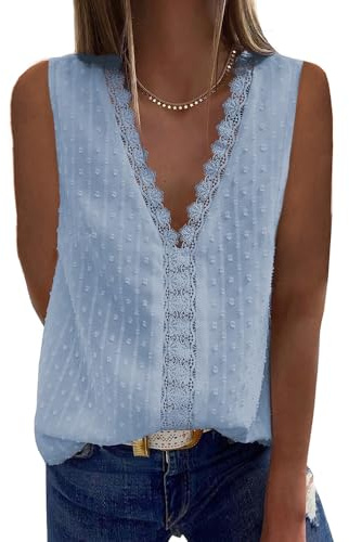 Coloody Camicette da Donna Camicia Scollo a V Senza Maniche Camicia in Pizzo Tunica Camicette Eleganti in Chiffon Camicetta Estiva Gilet Tops(Azzurro) XL