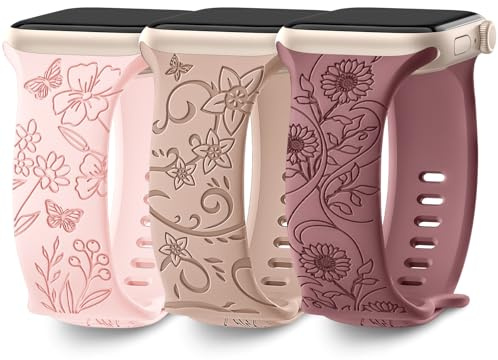 AMSKY 3 Pièces Floral Gravés Bracelets Compatible avec Bracelet Apple Watch 40mm 44mm 42mm 46mm 41mm 45mm 38mm 49mm Femme, Silicone Compatible avec iWatch Serie 11 10 9 8 7 6 5 4, SE 3 2 1