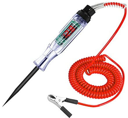 Sporgo - Tester di tensione per auto, 3 – 36 V DC, tester di corrente per auto, con morsetto a coccodrillo, filo a molla, tester di tensione con indicatore digitale LCD, lampada di prova per auto e