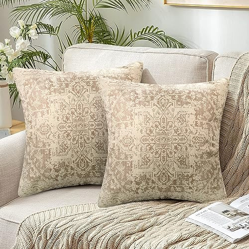 Chicamy 2er Set Bohemian Kissenbezüge 45 x 45 cm Doppelseitig Indian Boho Abstrakte Beige Kissenbezug Square Dekorative Kissenhülle Zierkissenbezüge Outdoor Kissen für Sofa Schlafzimmer