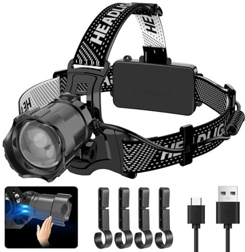 WholeFire Stirnlampe LED Wiederaufladbar, USB Kopflampe Extrem Hell 10000LM 3 Modi Kopflampe Aufladbar mit Sensor, IP65 Wasserdichte Zoom Stirnlampe 90°Winkel Einstellbar für Angeln Laufen