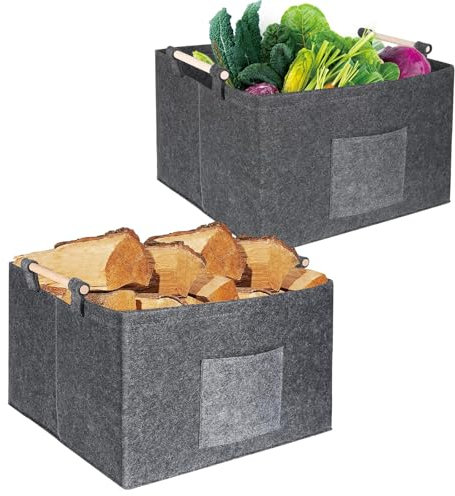 Slumou Holzkorb für Kaminholz Filztaschen Shopper 46x40x30cm Extra Dicker Kaminbesteck Filztasche für Brennholz, Holz, Zeitung oder Einkauf (Dunkelgrau)