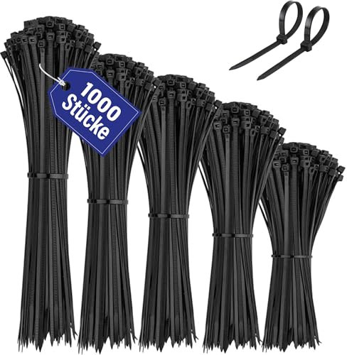 AZISHA Kabelbinder 1000 Stücke - Kabelbinder Schwarz 100/150/200/250/300mm - Nylon Kabelbinder UV Beständig - Kabelbinder Set - Cable Ties für Kabelmanagement, Werkstätten, Gartenarbeit Und Wohnen