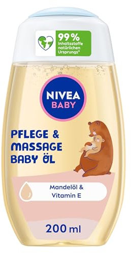 NIVEA BABY Pflege und Massage Öl, pflegendes Babyöl für die zarte Babyhaut mit Mandelöl und Vitamin E, Hautpflege schützt und stärkt empfindliche Haut (200 ml)