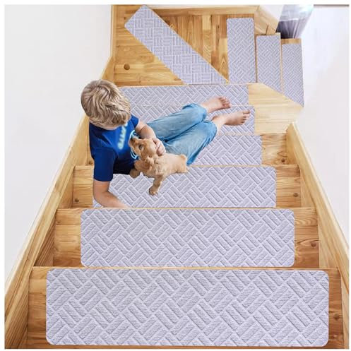 Anti-Rutsch Stufenmatten, Waschbar Stufenmatten Innen, 76 x 20,3 cm Stufenmatten Ohne Kleben für Kinder Ältere und Hunde,E-7Pcs