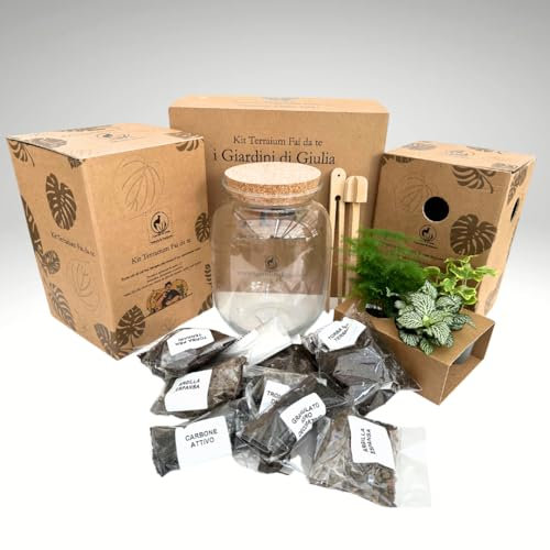 I GIARDINI DI GIULIA - Kit Terrarium Fai-da-Te 'I Giardini di Giulia' completo, Ecosistema Autosufficiente, Piante Incluse, Design Biologico, Kit terrario con vaso in vetro e tappo in sughero