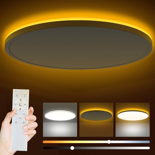 Bowfar LED Deckenleuchte Flach, 36W 4200LM Deckenlampe mit Fernbedienung Dimmbar 3000K-6500K, 1800K Nachtlicht Amber, Badezimmer Lampe für Wohnzimmer Küche Kinderzimmer Flur Schlafzimmer Ø39cm, Rund