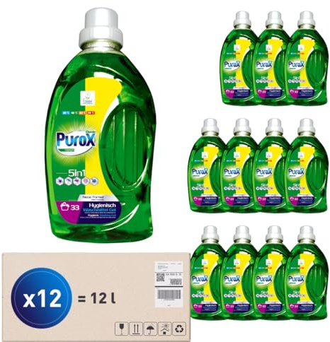 PUROX Universal Flüssigwaschmittel 12 x 1 l, 33 Waschladungen je Flasche | Flecklösend, vollständig ausspülbar, mit Kalkschutz