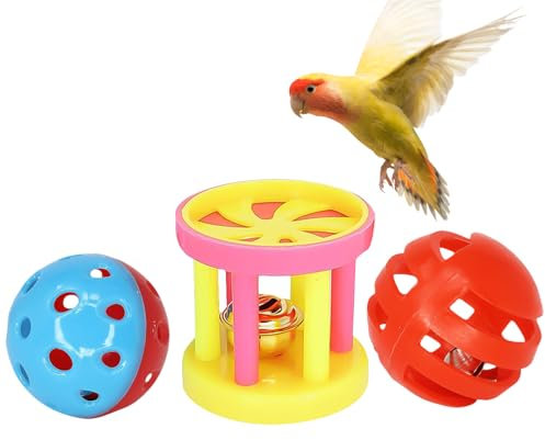 JUFYVO Futterball für Papageien, interaktiver bunter Ball mit Glocken, Kauspielzeug, Trainingsglocke, Bälle für Papageien, Sittiche, Wellensittiche, Nymphensittiche, 3 Stück