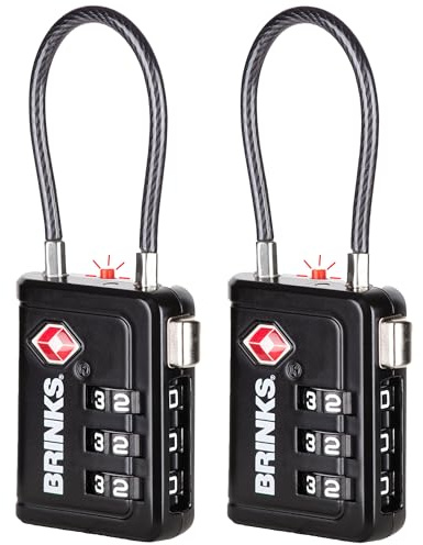 Brinks TSA Accepted Indicator Luggage Lock, Black - Resettable 3-Dial Combination, 1.5 inch Long Cable Shackle, New More Secure TSA008 Key, 2 Pack