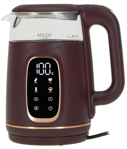 Hervidor eléctrico de vidrio Adler con control de temperatura – 1,7 L – Pantalla LED y control táctil – 5 programas de temperatura – Función de retención en caliente – 2200 W
