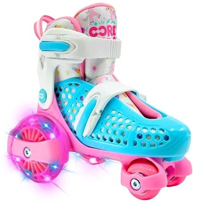 CORE Kids Newbie 4 Wheel Light Up Skates – Adjustable Light Up Roller Skates for Beginners 2 sizes Inline Skate for Girls & Boys LED Wheels UK Junior 10-13 - Pink